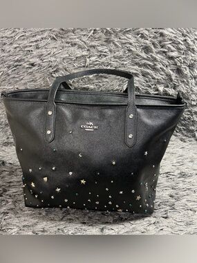 Coach Black Leather Star & Stud Embellished Tote
